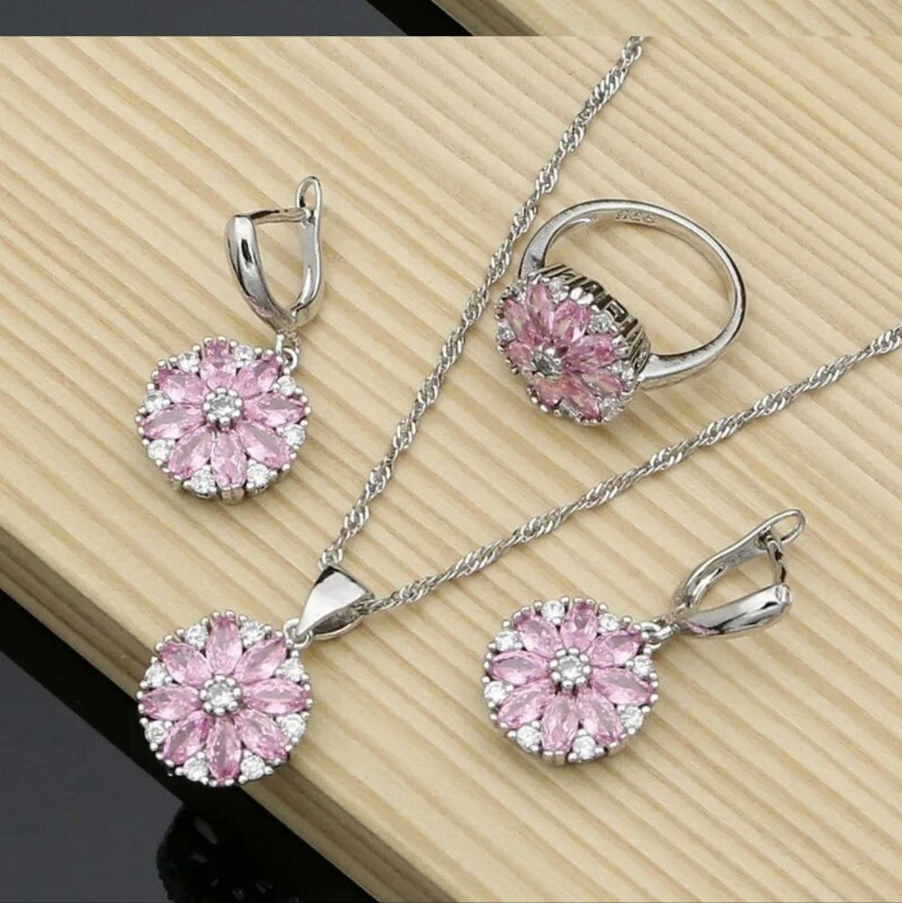 Sterling Silver Flower Wedding Jewelry Set for Women, Bridal,925STAMPED,Gift - Picture 8 of 8